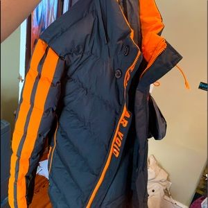 black with orange stripe bubble coat size large very good condition